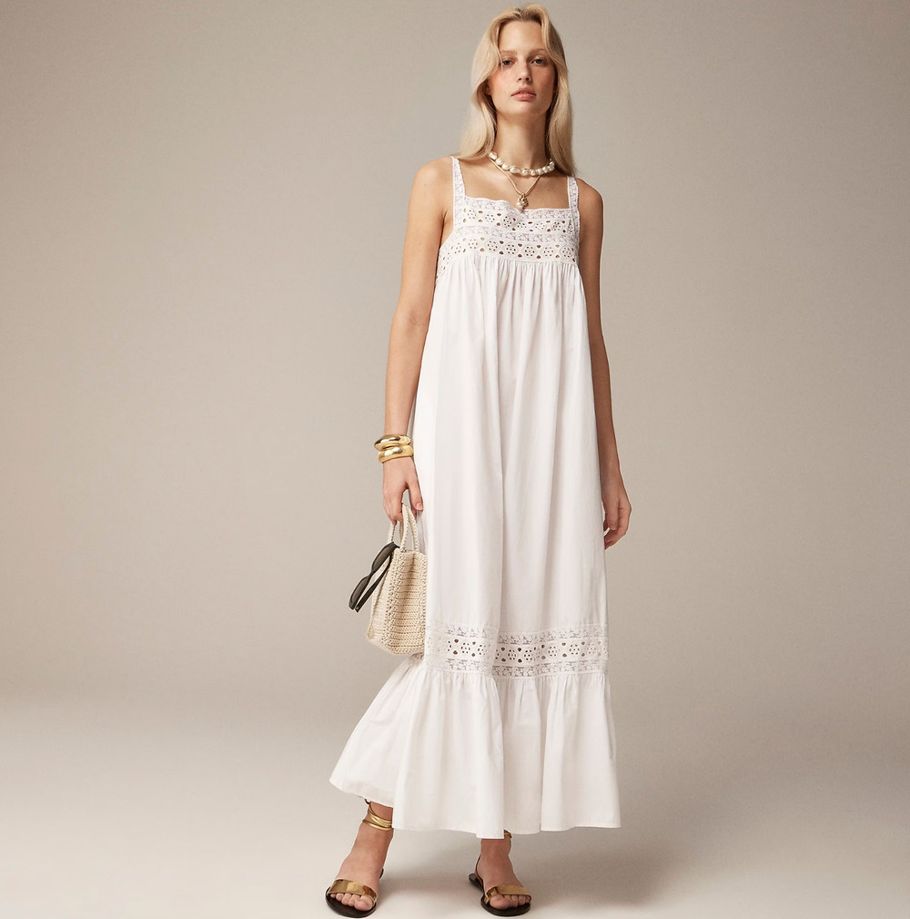 J.Crew Athena Maxi Dress Cotton Poplin Cottagecore Eyelet Lace Boho White XS